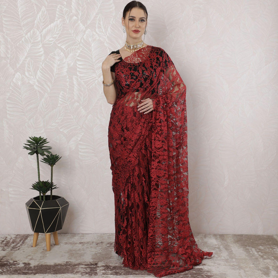 Crimson red, black Premium pure French two tone chantilly lace saree in floral design-D163661 Regal Fabrics
