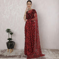 Crimson red, black Premium pure French two tone chantilly lace saree in floral design-D163661 Regal Fabrics