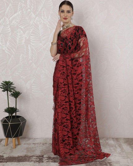 Crimson red, black Premium pure French two tone chantilly lace saree in floral design-D163661 Regal Fabrics
