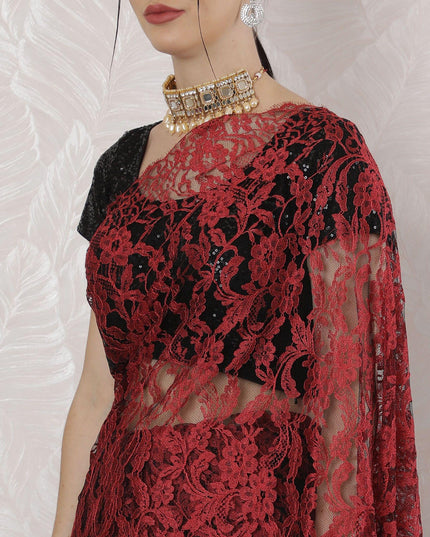 Crimson red, black Premium pure French two tone chantilly lace saree in floral design-D163661 Regal Fabrics