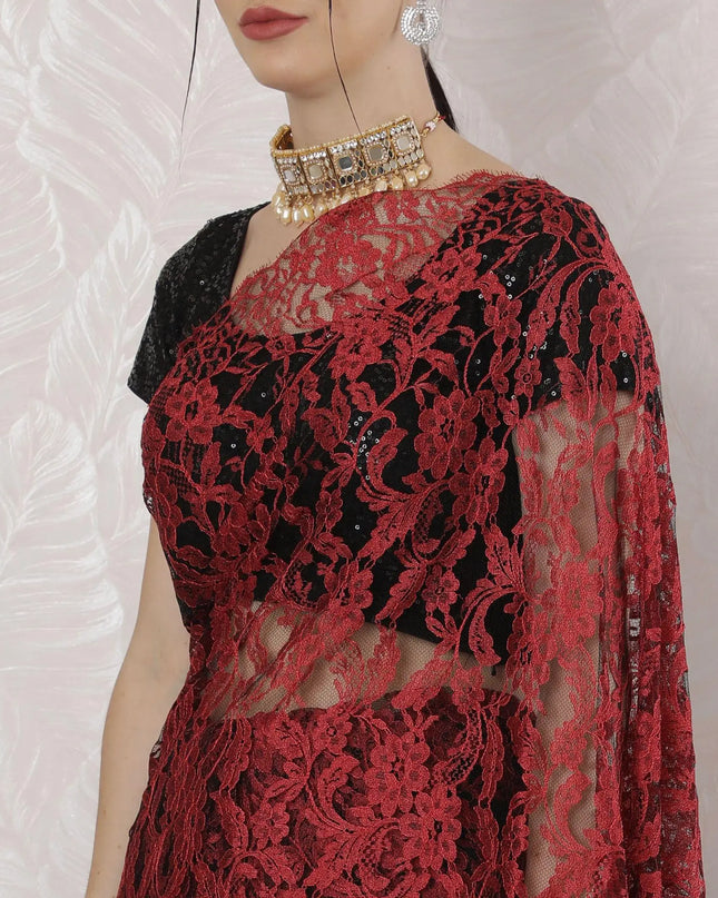 Crimson red, black Premium pure French two tone chantilly lace saree in floral design-D163661 Regal Fabrics