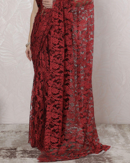 Crimson red, black Premium pure French two tone chantilly lace saree in floral design-D163661 Regal Fabrics