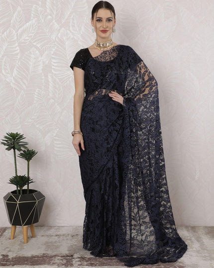 Navy blue, black Premium pure French two tone chantilly lace saree in floral design-D163662 Regal Fabrics