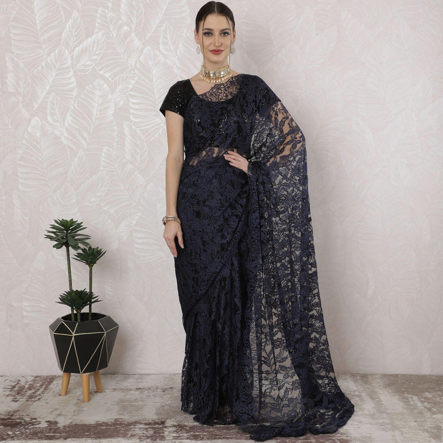 Navy blue, black Premium pure French two tone chantilly lace saree in floral design-D163662 Regal Fabrics