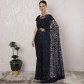 Navy blue, black Premium pure French two tone chantilly lace saree in floral design-D163662 Regal Fabrics