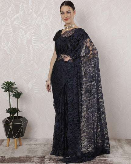 Navy blue, black Premium pure French two tone chantilly lace saree in floral design-D163662 Regal Fabrics