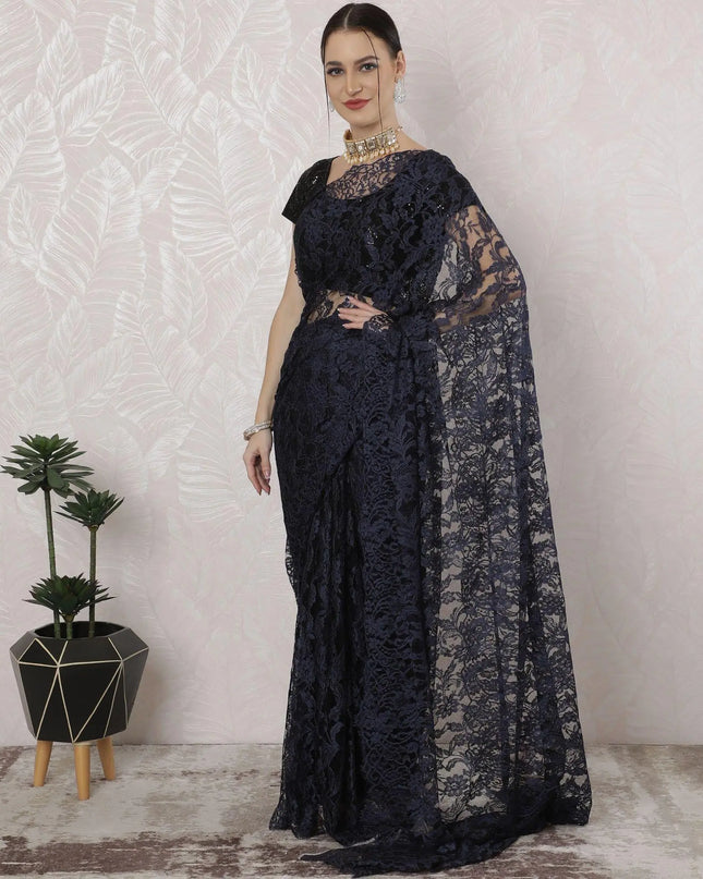 Navy blue, black Premium pure French two tone chantilly lace saree in floral design-D163662 Regal Fabrics