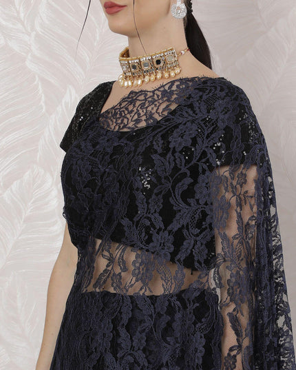 Navy blue, black Premium pure French two tone chantilly lace saree in floral design-D163662 Regal Fabrics