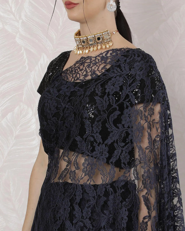 Navy blue, black Premium pure French two tone chantilly lace saree in floral design-D163662 Regal Fabrics