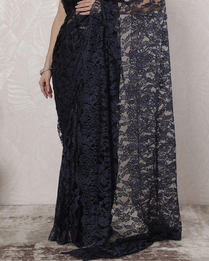 Navy blue, black Premium pure French two tone chantilly lace saree in floral design-D163662 Regal Fabrics