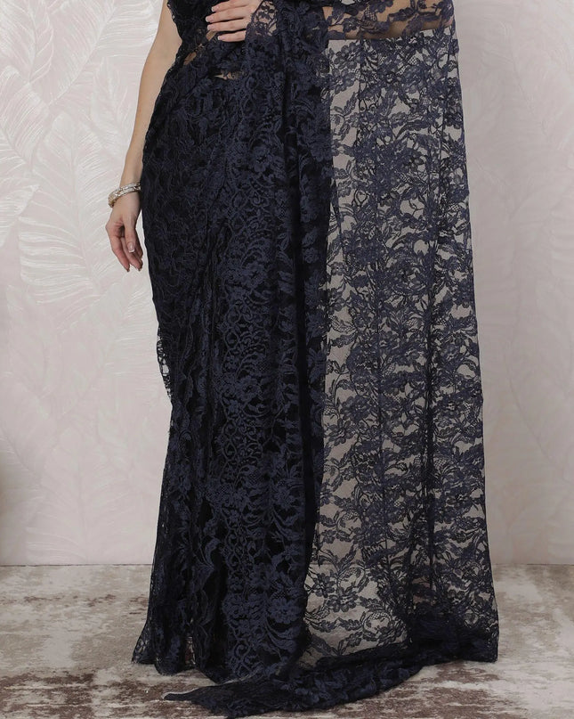 Navy blue, black Premium pure French two tone chantilly lace saree in floral design-D163662 Regal Fabrics