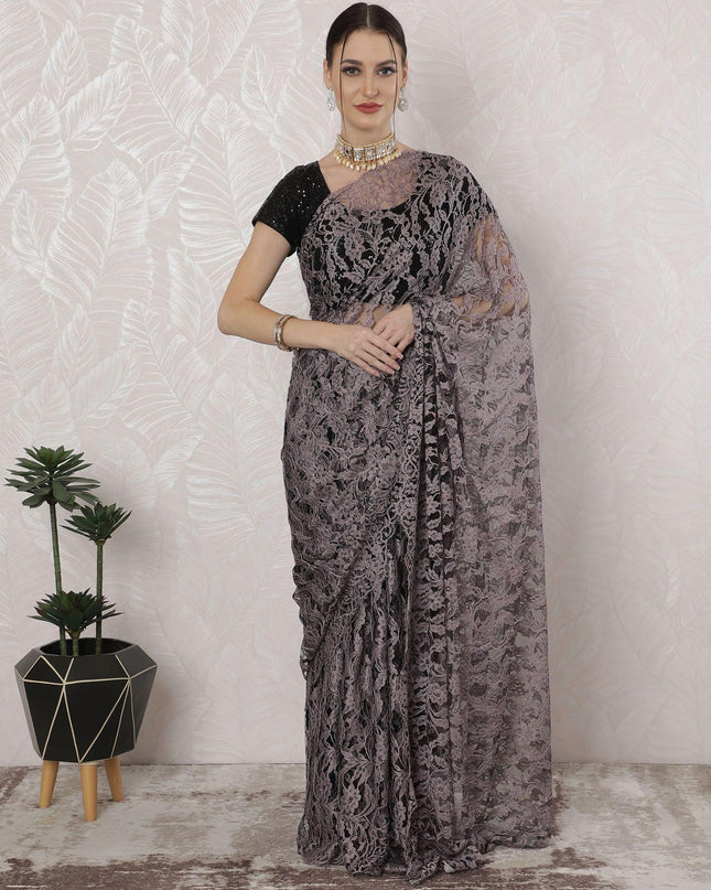 Light pink, black Premium pure French two tone chantilly lace saree in floral design-D163663