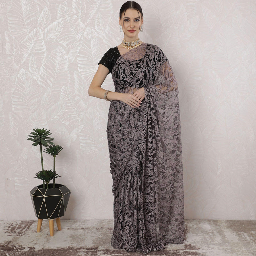 Light pink, black Premium pure French two tone chantilly lace saree in floral design-D163663