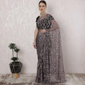 Light pink, black Premium pure French two tone chantilly lace saree in floral design-D163663