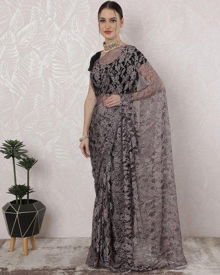 Light pink, black Premium pure French two tone chantilly lace saree in floral design-D163663