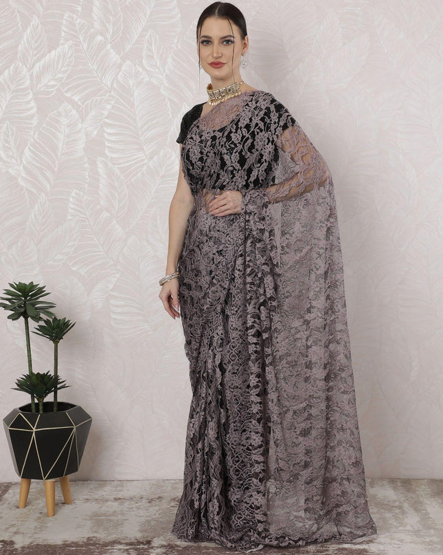 Light pink, black Premium pure French two tone chantilly lace saree in floral design-D163663