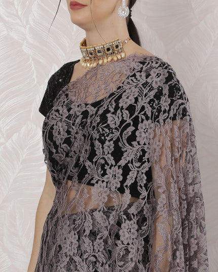 Light pink, black Premium pure French two tone chantilly lace saree in floral design-D163663