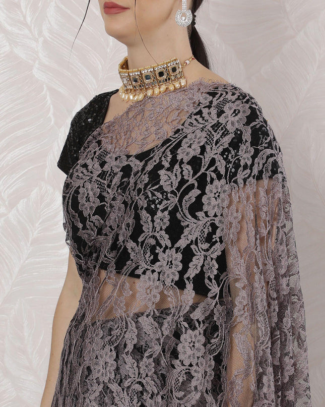 Light pink, black Premium pure French two tone chantilly lace saree in floral design-D163663