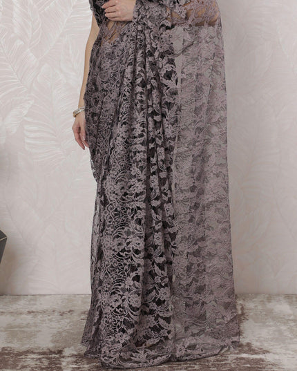 Light pink, black Premium pure French two tone chantilly lace saree in floral design-D163663