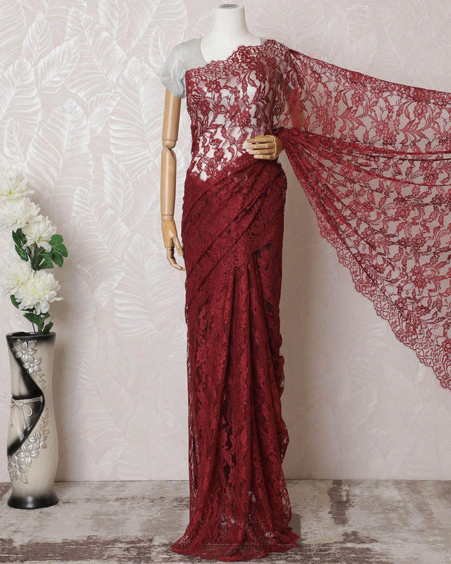 Barn red Premium pure French chantilly lace saree in floral design-D16367