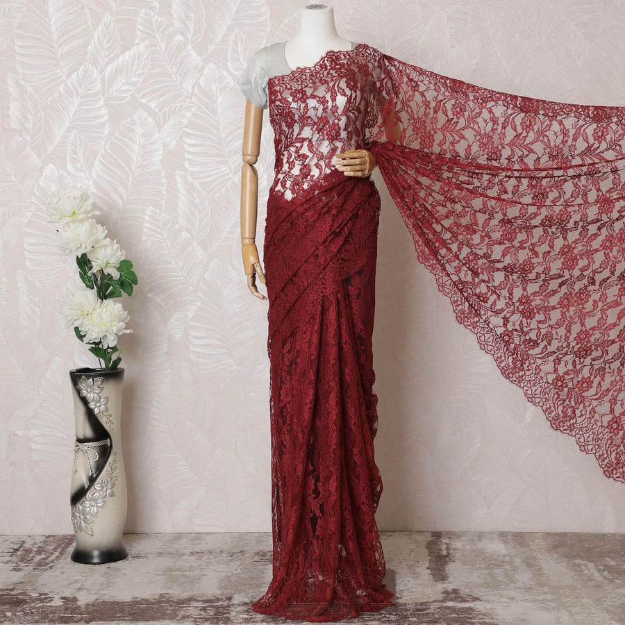 Barn red Premium pure French chantilly lace saree in floral design-D16367
