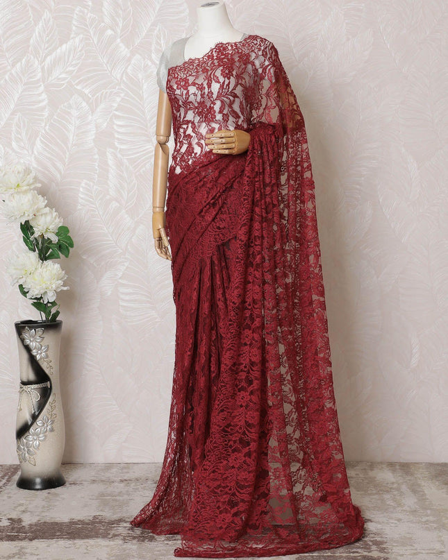 Barn red Premium pure French chantilly lace saree in floral design-D16367