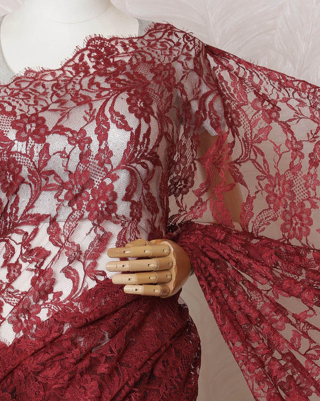 Barn red Premium pure French chantilly lace saree in floral design-D16367