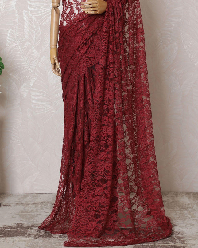 Barn red Premium pure French chantilly lace saree in floral design-D16367