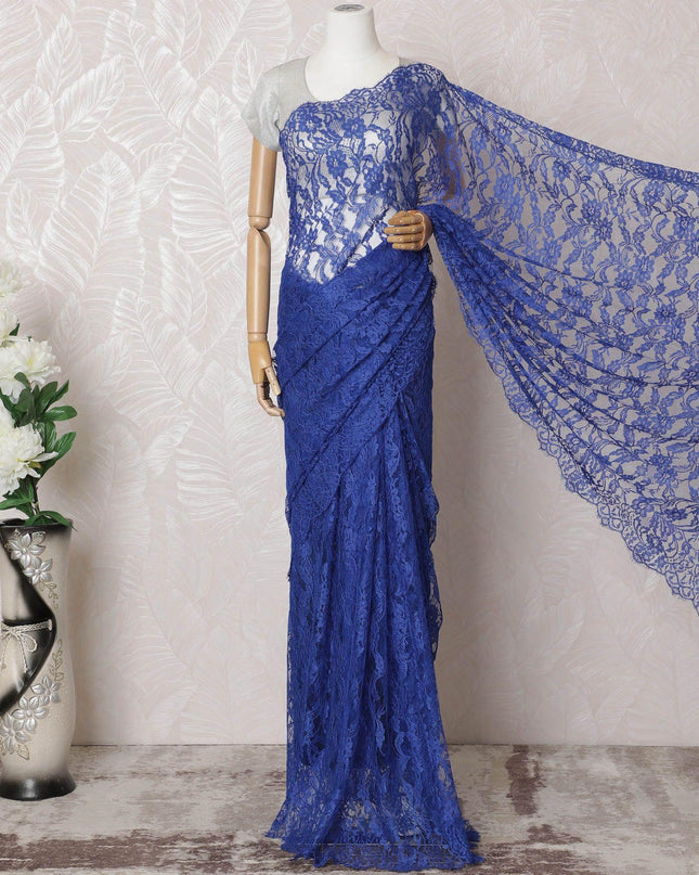 Royal blue Premium pure French chantilly lace saree in floral design-D16369