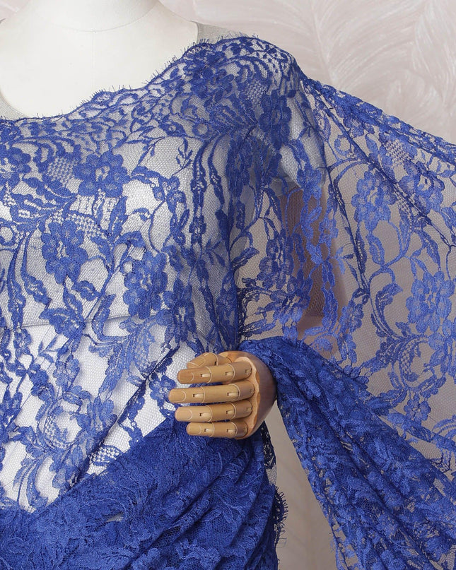 Royal blue Premium pure French chantilly lace saree in floral design-D16369