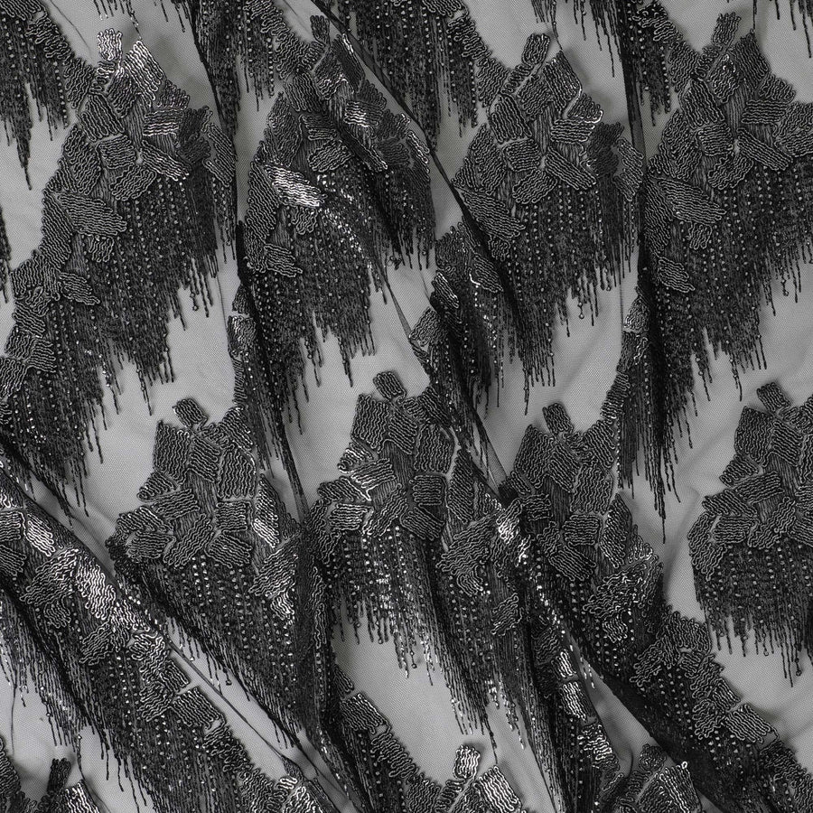 Black nylon tulle fabric with silver embroidery in fancy design-D5998