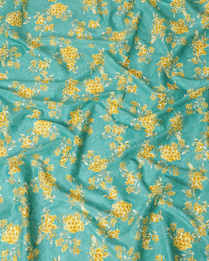 Jade green uragiri cotton voile fabric with same tone jacquard having mustard, olive green and black print in floral design-D14322