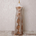 Copper brown nylon tulle fabric with same tone, silver embroidery having stone work in fancy design-D14744