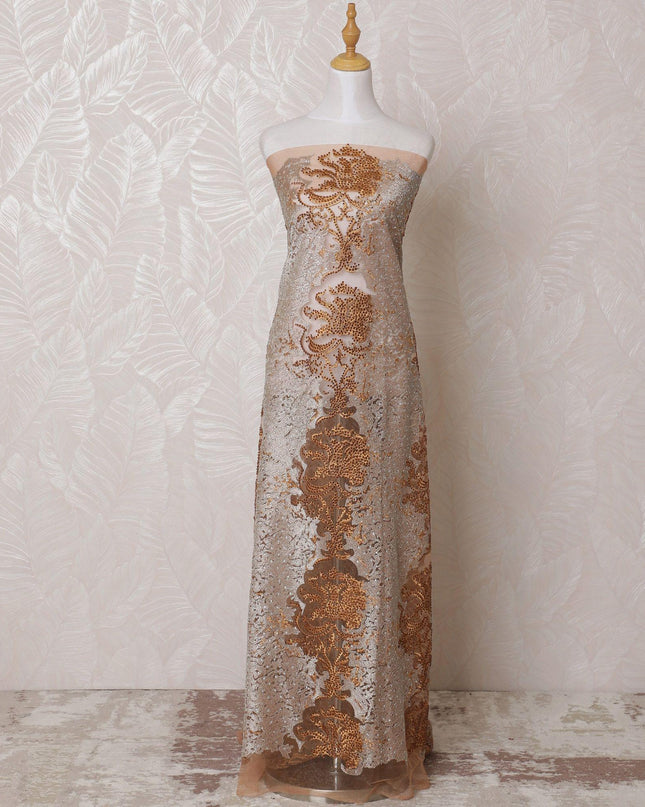 قماش تول نايلون بني نحاسي بنفس اللون، تطريز فضي به أعمال حجرية بتصميم فاخر -D14744