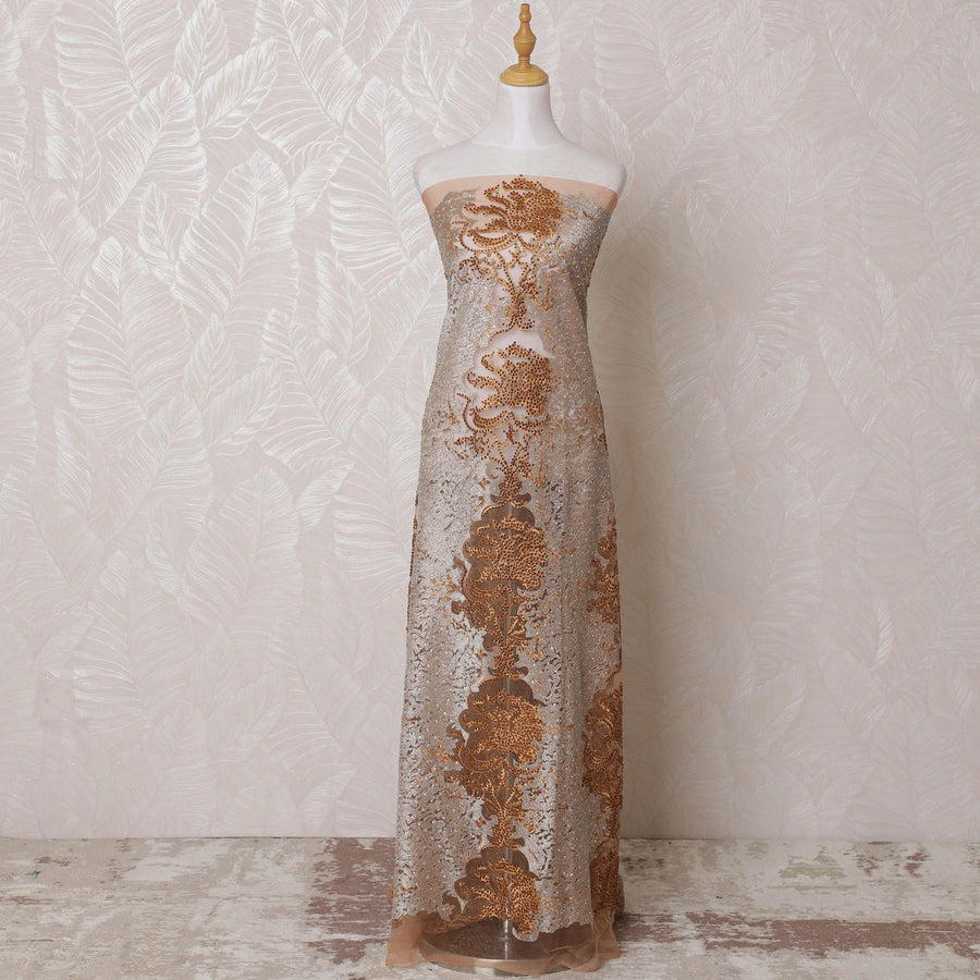 Copper brown nylon tulle fabric with same tone, silver embroidery having stone work in fancy design-D14744