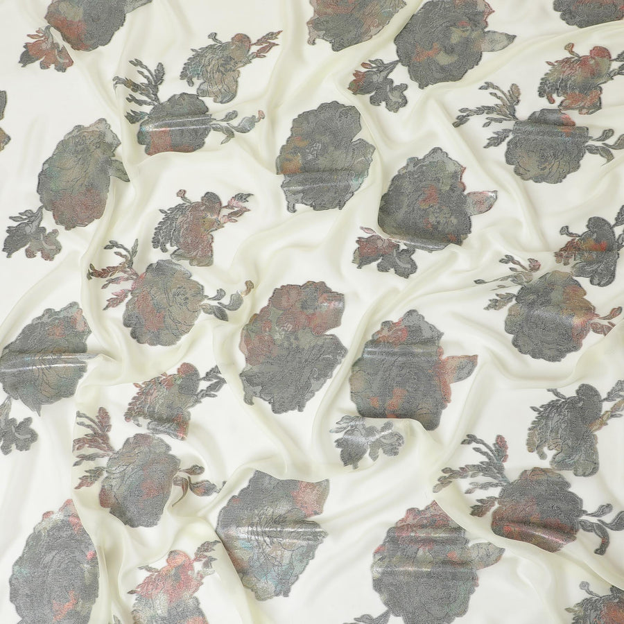 Cream Premium pure silk chiffon fabric with multicolor metallic lurex in floral design-D9703