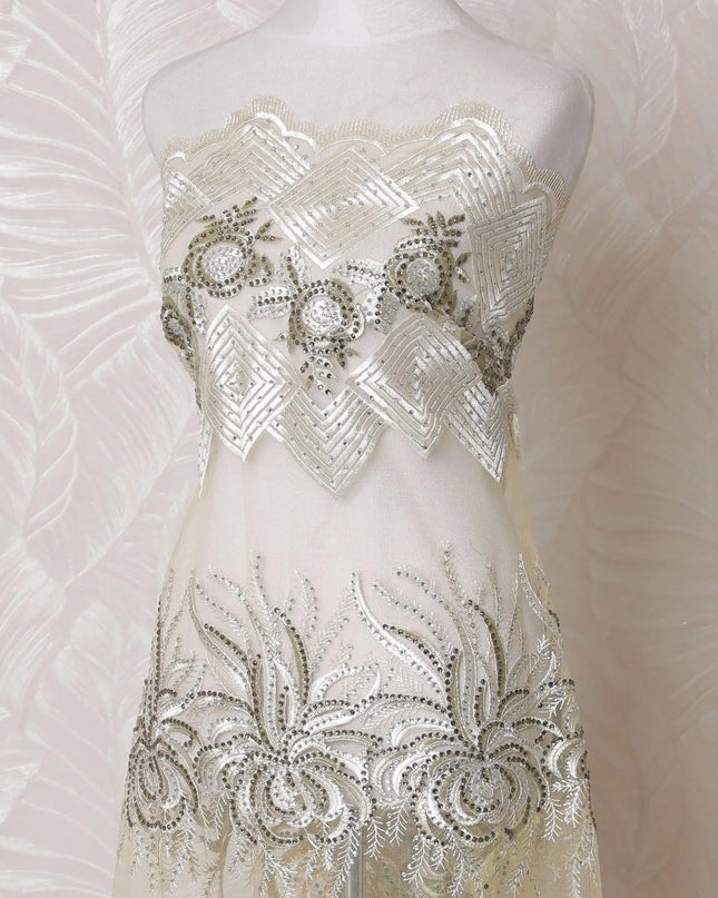 Gold nylon tulle fabric with same tone, off white embrodiery having stone work in fancy design-D14769 Regal Fabrics