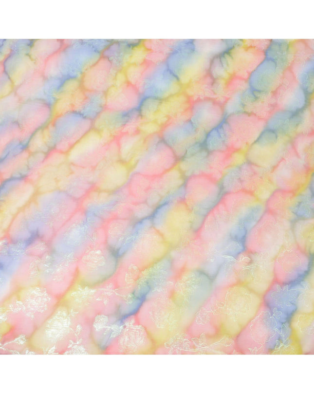 قماش شيفون من الحرير الخالص متعدد الألوان مع لوريكس معدني أخضر نيون بتصميم زهور - D9678