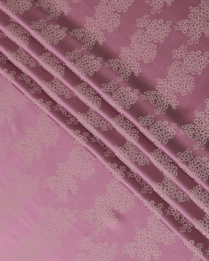 Rose pink premium pure silk crepe fabric with beige jacquard in floral design-D13890