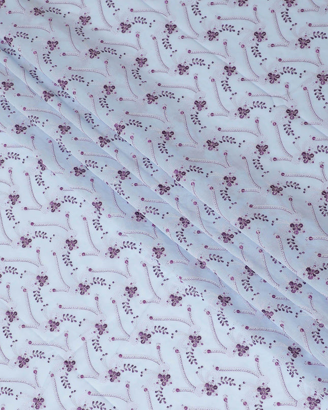Baby blue Premium 100% Swiss cotton voile (Sudanese Thobe) fabric with purple and silver embrodiery in floral design-D13522