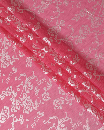 قماش شيفون من الحرير الخالص Premim باللون الوردي الوردي مع جاكار فضي بتصميم زهور-D15329