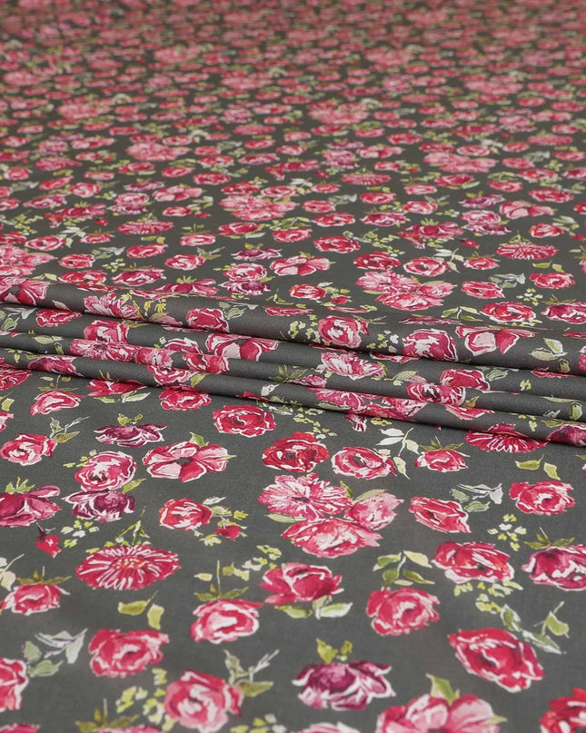 Olive green Premium Spanish 100% cotton lawn fabric with brick pink, sage green and off white print in floral design-D9240 Regal Fabrics