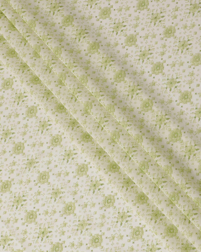 Off white cotton voile fabric with sage green print in floral design-D15061