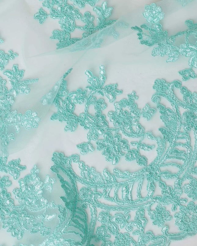 Tiffany blue nylon tulle fabric with same tone embroidery in floral design-D6684 Regal Fabrics