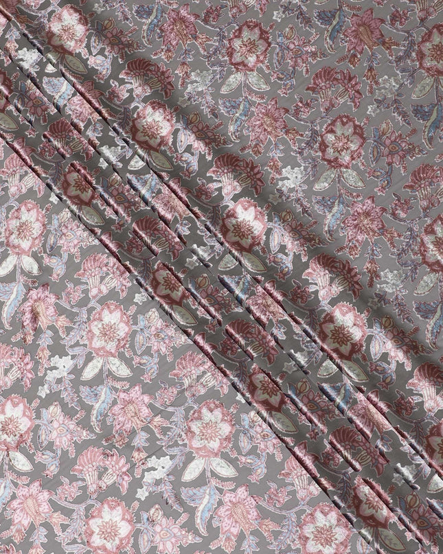 قماش شيفون صناعي رمادي سحابي مع طباعة مخملية متعددة الألوان بتصميم زهور-D14163