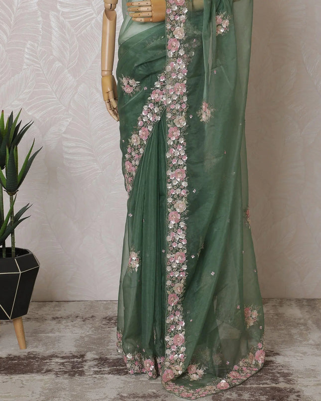 Fern green Premium silk organza saree with multicolor embroidery having gold bead work, applique work and sequin work in floral design-D15592 Regal Fabrics