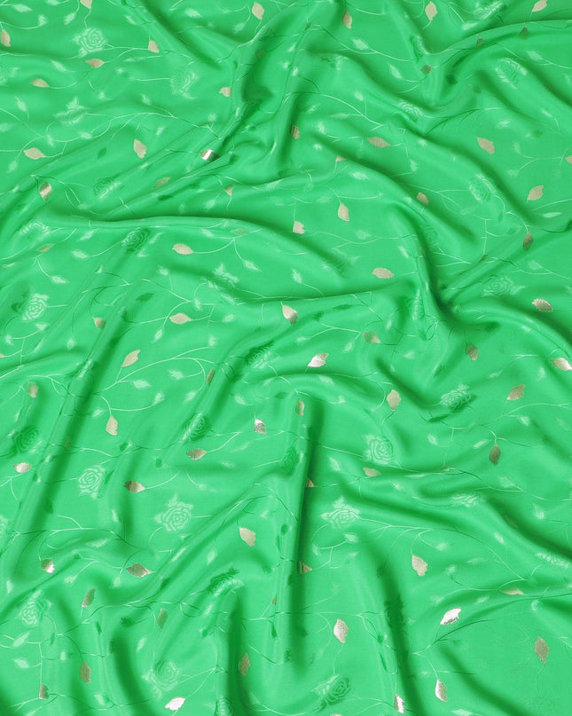 Kelly green Premium pure silk crepe fabric with same tone jacquard and gold metallic lurex in dot design-D14633