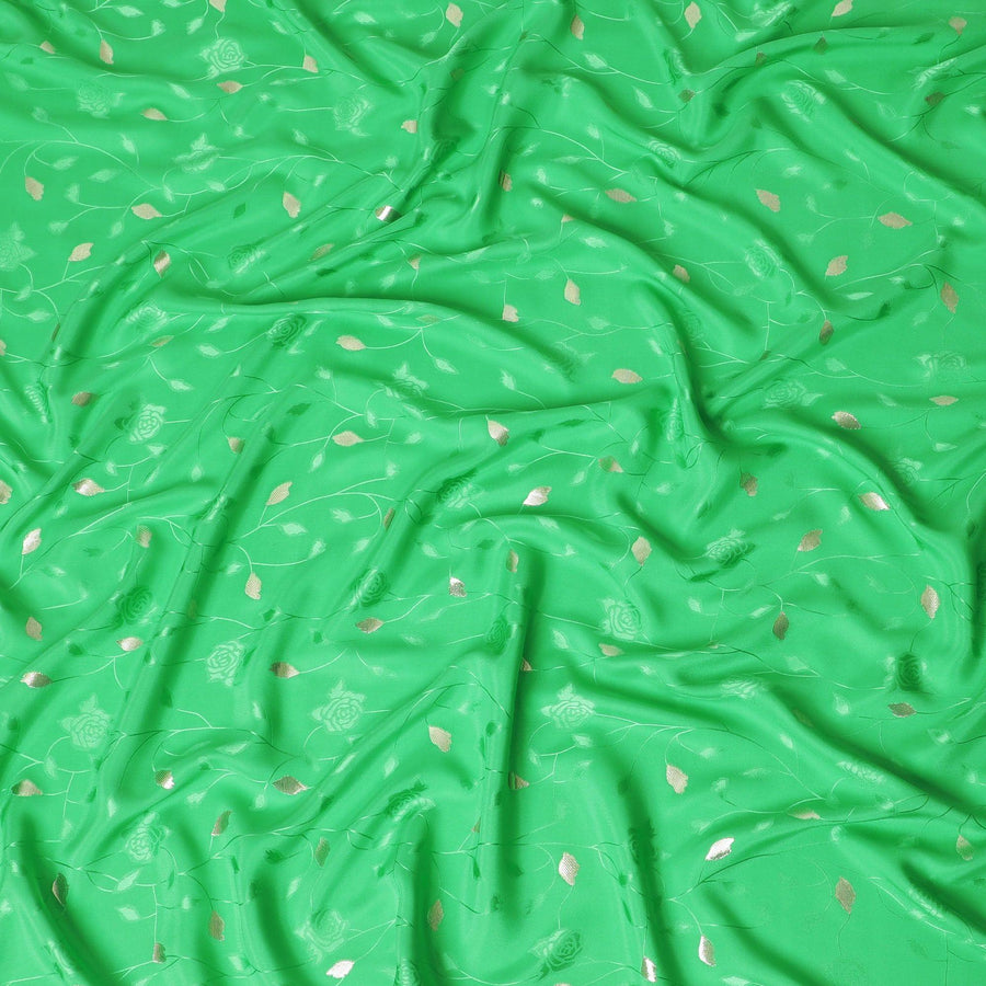 Kelly green Premium pure silk crepe fabric with same tone jacquard and gold metallic lurex in dot design-D14633