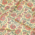 Flax yellow cotton lawn fabric with olive green, brick pink and black print in floral design-D8438 Regal Fabrics