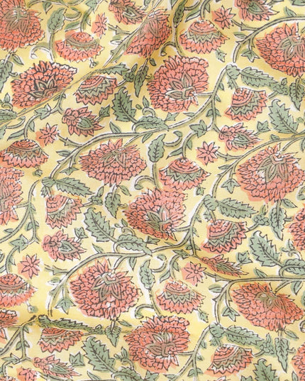 Flax yellow cotton lawn fabric with olive green, brick pink and black print in floral design-D8438 Regal Fabrics